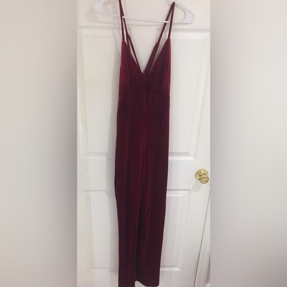 Adorable Burgundy Velvet Jumpsuit - Picture 4 of 6
